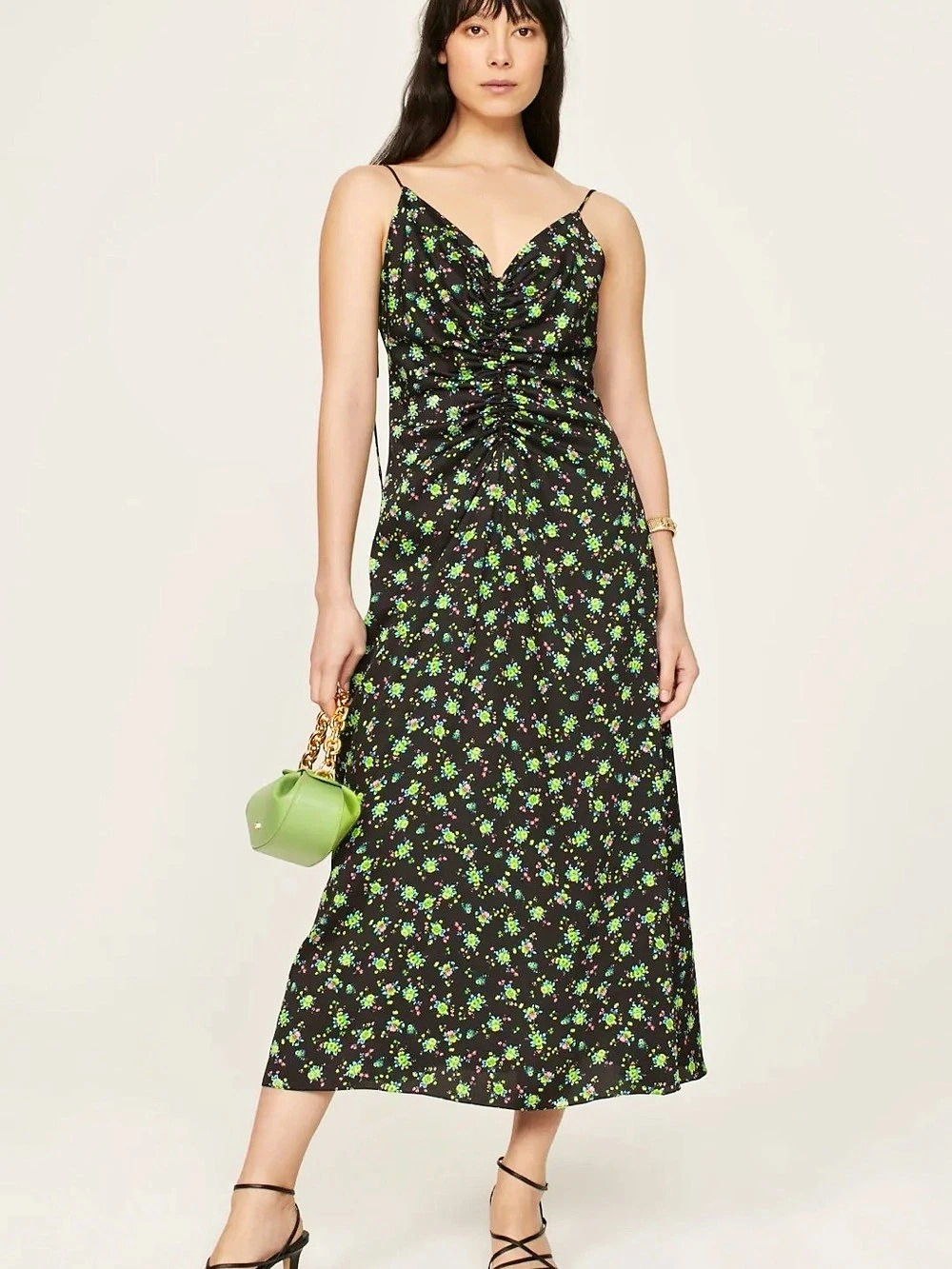 Sandro Paola Floral Midi Dress Black & Green Size 34